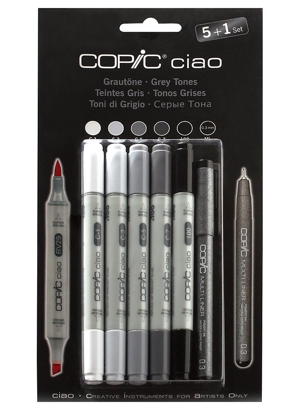 Набор маркеров Copic Ciao оттенки серого, 5 цветов + мультилинер 0.3 мм  259992 — 1