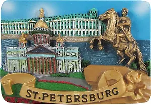 Сувенир, Акм, магнит, "Коллаж. Памятник Петру I "Медный всадник-Исаакиевский собор-Эрмитаж", 5х7,5 см, барельеф