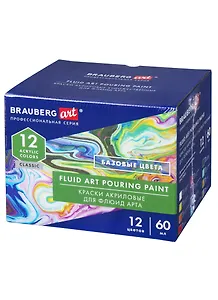 Краски акриловые для техники Флюид Арт (POURING PAINT) НАБОР 12цв*60мл, BRAUBERG ART CLASSIC, 192236