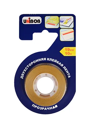 Лента клейкая 19мм*10м двустрон., прозр., д/бумаги и пленки, блистер, Unibob 239320