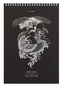 Скетчбук А4 20л "Аисты" акварел. бумага, 200г/м2, черный тонир.картон, тиснение фольг. серебро, евроспираль