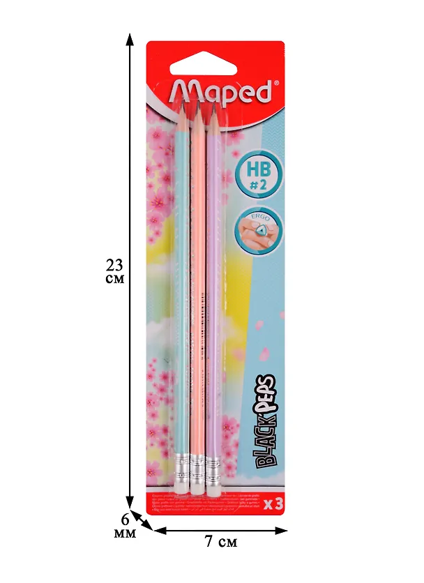 Карандаши Maped, Pastel, чернографитные HB с ластиком 3 штуки 254035 — 2