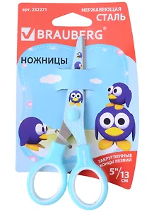 Ножницы 130мм "Kid Series" голубые, цв.печать "Пингвины", закругленные, BRAUBERG