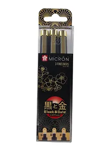 Ручки капиллярные черные 03шт "Pigma Micron Gold Limited Edition" 0.1мм, 0.3мм, 0.5мм