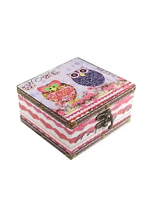 Шкатулка с замком Совы с кожаными вставками (12х12)