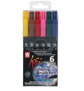 Маркеры акварельные 06цв "Koi" кисточка, базовые цвета