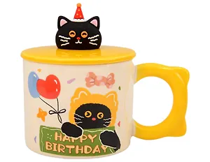 Кружка с крышкой Котик Happy Birthday (желтая) (керамика) (400мл) (12-34466-GD8009)