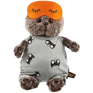 Мягкая игрушка Басик в сером комбинезоне и маске для сна (19 см)