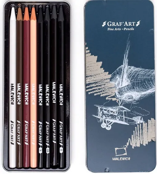 Набор графических материалов 08шт "Graf'Art" белый пастельн. карандаш, сангина светлая и темная, сепия светлая и темная, угольные карандаши 03шт, мет.коробка, Малевичъ 3140998 — 2