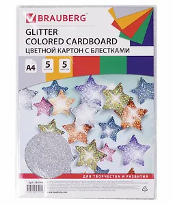 Картон цветной 05цв 05л А4 суперблестки, 280г/м2, BRAUBERG