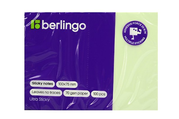 Блок бумаги 75*100 "Ultra Sticky" самоклеящийся зеленый 100л, Berlingo 3118276 — 1