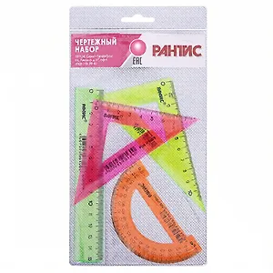 Набор, чертежный, Рантис, 2 треугольника, линейка, транспортер, в блистере