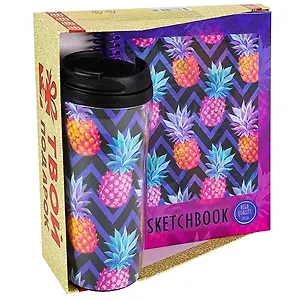 Подарочный набор Ананасы (скетчбук а5, 64л, 100г, 7БЦ, спираль слева +термо 350 мл) ПН-1475