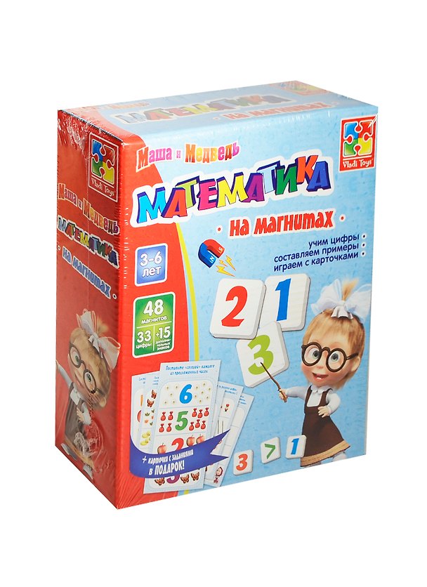 Математика на магнитах «Маша и Медведь» 48 магнитов, карточки с заданиями, Vladi Toys 2444768 — 1