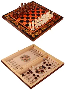 Набор шахматы, нарды, шашки Хохлома красная (40х40) (123-109)