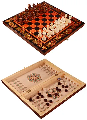 Набор шахматы, нарды, шашки Хохлома красная (40х40) (123-109) 2611920