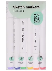 Маркеры для скетчинга 06цв MESHU двусторонние, основные цвета, MESHU