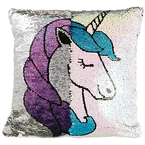 Подушка с пайетками Единорог с голубой гривой на белом фоне (40×40) (текстиль) (12-11403-XCT-2