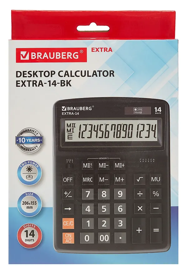 Калькулятор 14-разрядный настольный, двойное питание, Brauberg 3005910 — 2