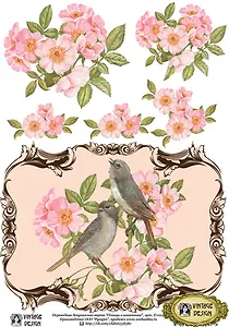 Декупажная карта переводная Птицы в шиповнике (D-024) (упаковка)