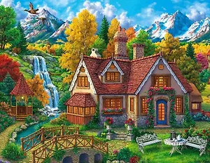 Холст для рисования по номерам с красками, 14 цветов "Волшебный домик в горах"