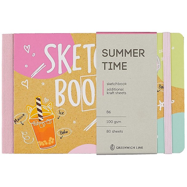 Скетчбук B6 80л "Summer time" 100г/м2, доп.листы крафт, тв. обложка, на резинке, Greenwich Line 263002 — 1