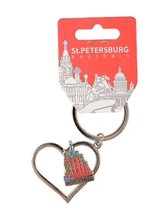 Брелок сердце с движ.фигуркой СПб. Спас, цв.серебро