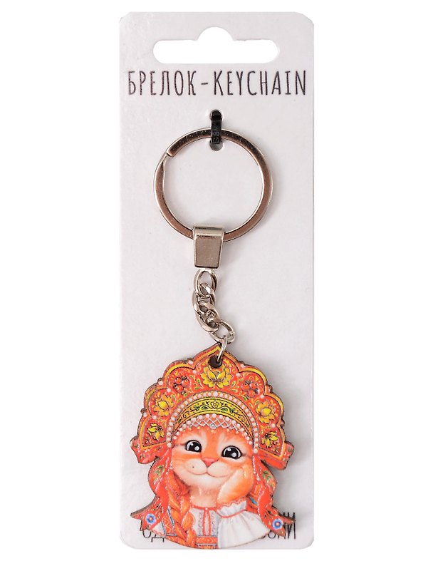 Брелок Кошка рыжая в кокошнике Хохлома (4х5) (дерево) (Б090) 3181043 — 1