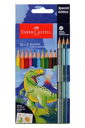Карандаши цветные "Dinosaur", 10 цв. + 3 цв. металл. + наклейки, заточен., к/к, блист., Faber-Castell 3154000
