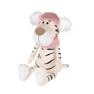 Мягкая Игрушка НГ 2022 Белая тигрица в шарфе и шапке с помпонами (20 см)