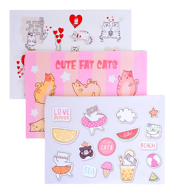 Папка для тетрадей А4 "Cute fat cats" молния сверху, PU, ассорти, Yoi 3039435 — 1