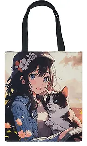 Сумка-шоппер на молнии Аниме Девушка с котенком (38х35) (текстиль, флис) Bookvalno