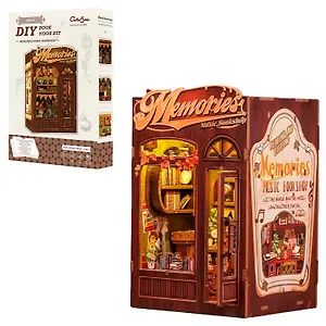 SD04 Конструктор интерьерный  – сборный домик CuteBee - Музыкальный и книжный магазин "Воспоминания", 136 деталей (материалы: дерево, картон, пластик, металл), со световыми эффектами (подсветка интерьера), с питанием от 2хААА батареек (не включены), серия