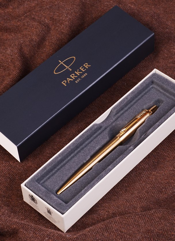 Ручка подарочная шариковая синяя, Jotter Premium West End Brushed Gold, Parker 242969 — 1