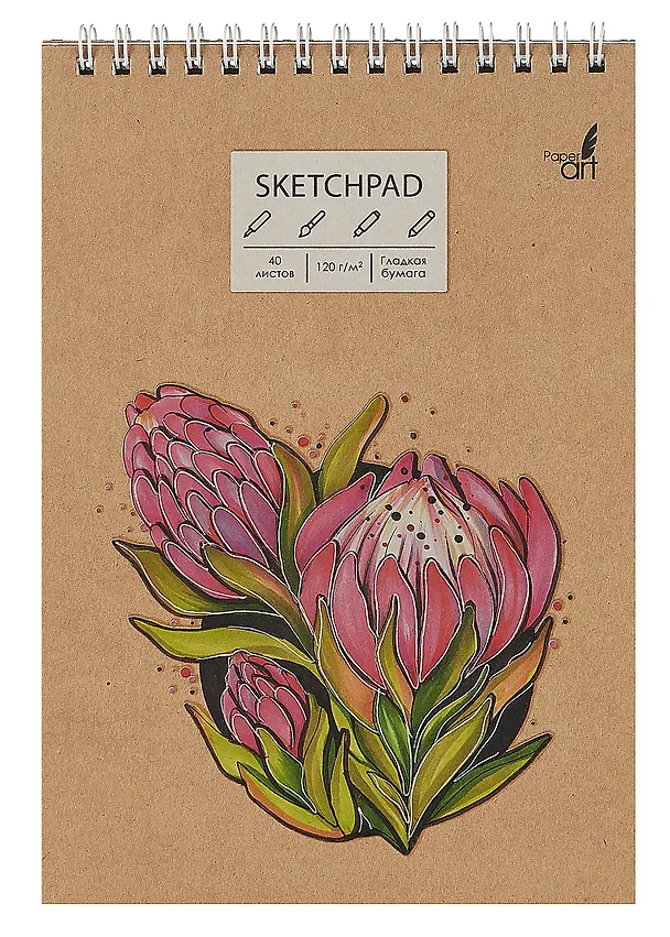 Скетчбук А5 40л "Flower", 120г/м2, обложка крафт картон, выборочный лак, евроспираль 3011606 — 1