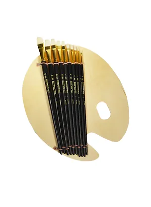 Кисти 10шт щетина плоская №4, №6, №7, №8, №10, №12, №14, №16, №18, №20 + палитра деревянная, ЖК 219625