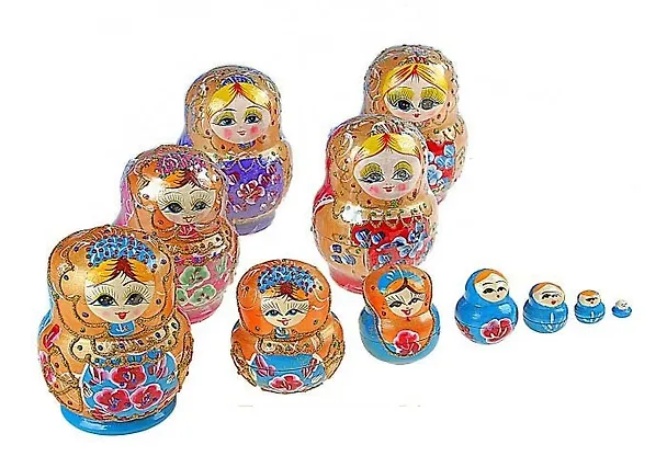 Матрешка 7 в 1 цветы с блестками золотистыми дерево 13см микс (423343) 2346942 — 1