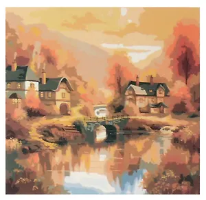 Холст с красками по номерам "Домики у ручья" 40х40 см, 30 цветов