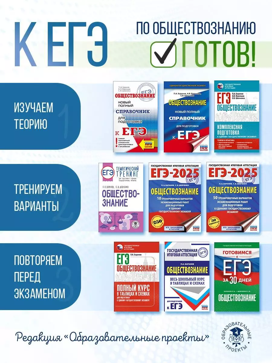 ЕГЭ-2025. Обществознание. 50 тренировочных вариантов экзаменационных работ  для подготовки к единому государственному экзамену (Пётр Баранов, Сергей  Шевченко) - купить книгу с доставкой в интернет-магазине «Читай-город».  ISBN: 978-5-17-164803-9
