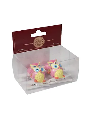 Декор. прищепка Розово-желтые совушки (39434) (набор 4шт) (из древесины березы с декором из полирезины) (упаковка) 2482188