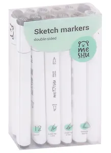 Маркеры для скетчинга 12цв MESHU двусторонние, серые цвета, MESHU