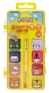 Краски акварельные 24цв "ЗВЕРЯТА В ДОМИКЕ" кисть, пласт.уп., Каляка-Маляка