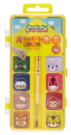 Краски акварельные 24цв "ЗВЕРЯТА В ДОМИКЕ" кисть, пласт.уп., Каляка-Маляка 3044987
