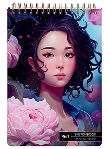 Скетчбук А4 80л "Аниме. Девушка с пионами" белый офсет, 120г/м2, тв.обложка, спираль