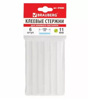 Клеевые стержни "Brauberg" прозрачные, 6 шт., диаметр 11мм, длина 100мм — 2959364 — 1