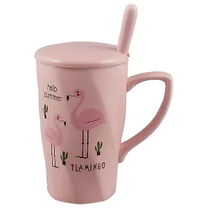 Кружка с крышкой и ложкой Фламинго и кактусы (розовая) (керамика) (400 мл) (12-07057-XB318-7)
