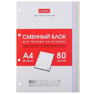 Сменный блок для тетрадей А4 80л кл. белый, под 4 кольца, цветн.срез, инд.уп.