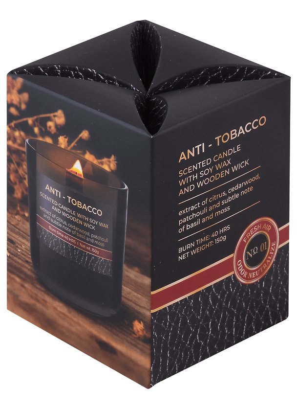 Ароматизированная свеча в стакане фитиль деревянный Антитабак (Anti Tabacco) (150гр) (подарочная упаковка) 2966635 — 1