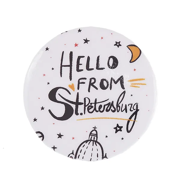 Значок круглый сувенирный Hello from St. Petersburg, белый d=3,8см 358929 — 2