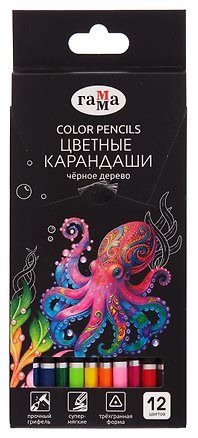 Карандаши цветные 12цв "Классические" черн. дерево, заточ., к/к, подвес, Гамма 3176559